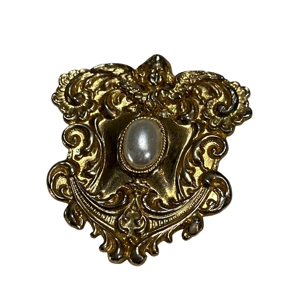 Vintage Gold Tone Crest Shield Brooch Faux Pearl Ornate Scrollwork Embellishment